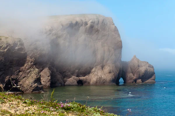 Nebel bewegt sich vom Meer auf einen Felsen zu — Stockfoto