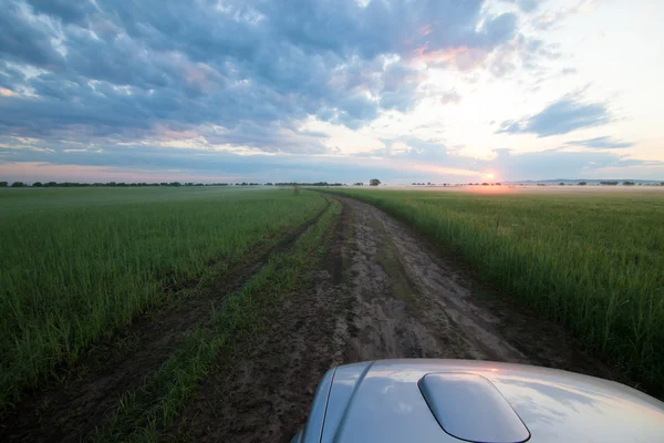 Um carro vai pescar e encontra o nascer do sol em um prado — Fotografia de Stock