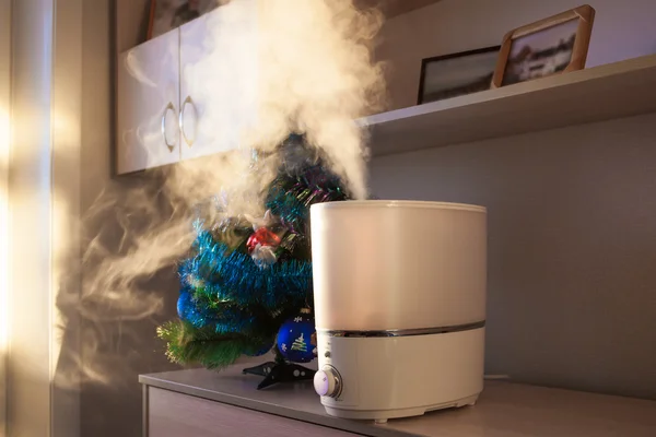 Humidifier spreading steam in morning light near artificial chri — Stock Photo, Image