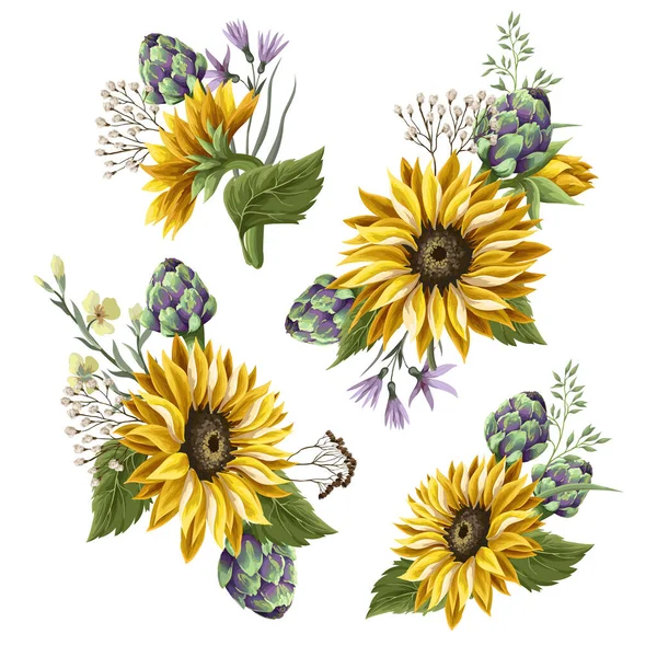 Sunflowers bouquet with wild flower and artichoke isolated. — Stock Vector