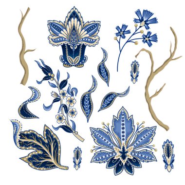 Hint süs eşyalarının etnik öğeleri izole edilmiş. Vektör.