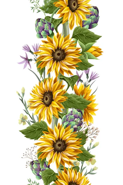 Rand met zonnebloemen boeket, .artisjok en wilde bloem. Vectorillustratie. — Stockvector