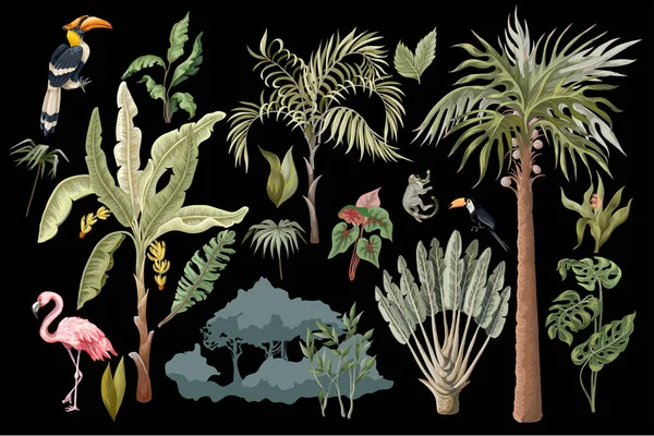 Ζώα της ζούγκλας, λουλούδια και δέντρα απομονωμένα. Διάνυσμα. — Διανυσματικό Αρχείο