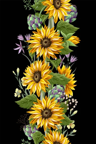 Confine con bouquet di girasoli, carciofo e fiore selvatico. Illustrazione vettoriale. — Vettoriale Stock