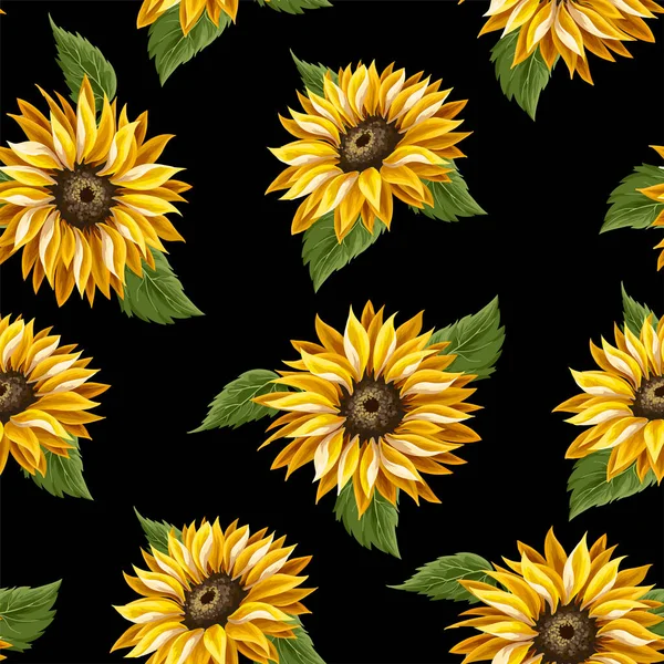 Patrón sin costuras con girasoles sobre fondo negro. — Vector de stock