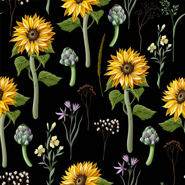 Modello senza cuciture con girasoli, carciofi e fiori selvatici. Illustrazione vettoriale. — Vettoriale Stock