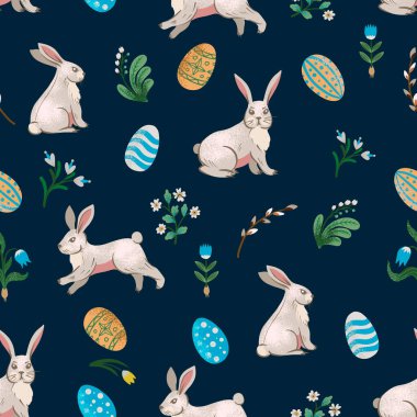 Ağaçlar, tavşanlar, yumurtalar ve diğerleriyle pürüzsüz, kırsal bir desen. Paskalya baskısı.