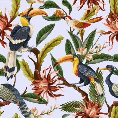 Kuşlar, tropik yapraklar ve çiçeklerle kusursuz desen. Vektör.