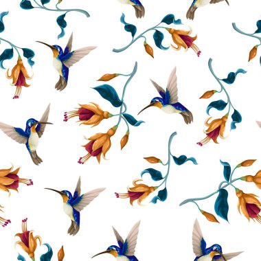 Sinek kuşları ve tropikal çiçeklerle kusursuz desen. Moda vektör baskısı.