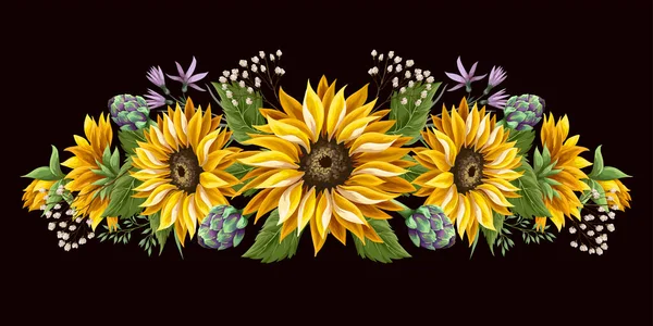 Sunflowers bouquet with wild flower and artichoke isolated. — Stock Vector
