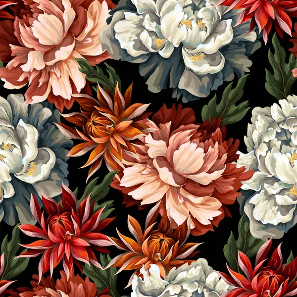 Украшенный бесшовный рисунок с винтажными пионами, розами и хризантемами. Вектор. — стоковый вектор
