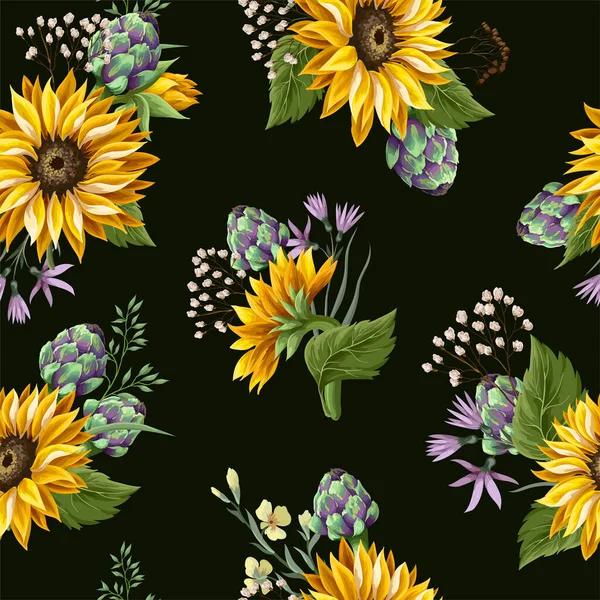 Pola mulus dengan bunga matahari, artichoke dan bunga liar. Ilustrasi vektor. - Stok Vektor