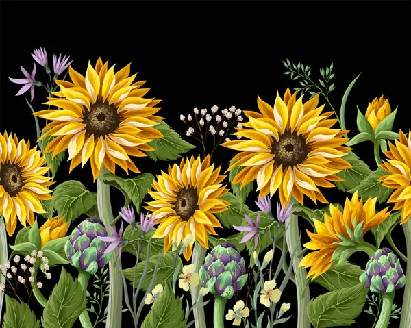 Rand met zonnebloemen boeket, .artisjok en wilde bloem. Vectorillustratie — Stockvector