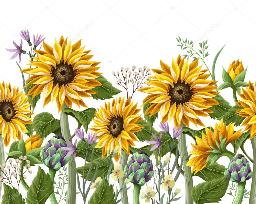Border with Sunflowers bouquet,.artichoke and wild flower. Vector illustration.