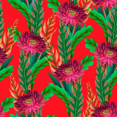 Tropik çiçeklerle kusursuz desen. Moda çiçek vektör baskısı.