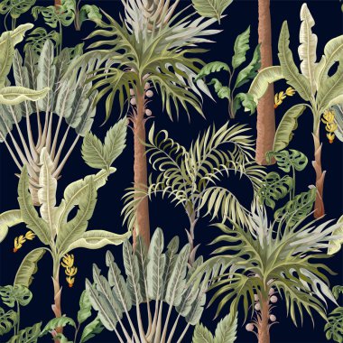 Egzotik ağaçlarla kusursuz desenler, biz palmiyeler ve muzlar. İç mimari duvar kağıdı.