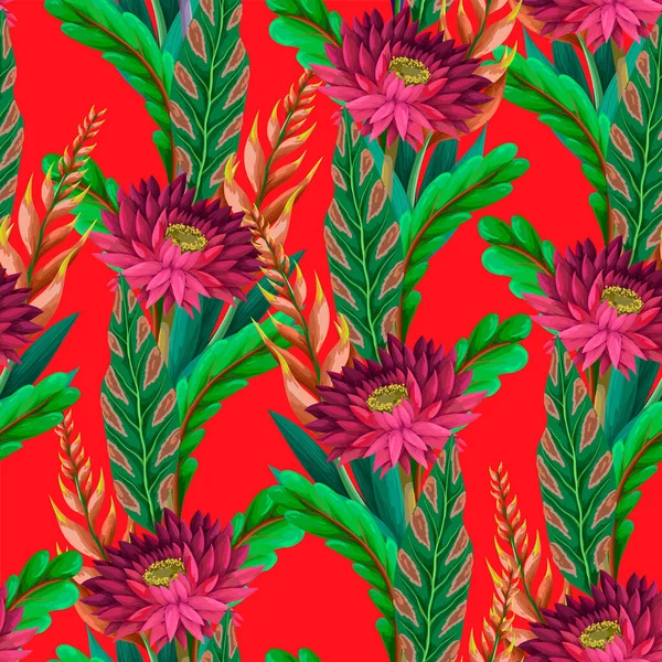 Seamless pattern with tropical flowers . Trendy floral vector print. — Stock Vector