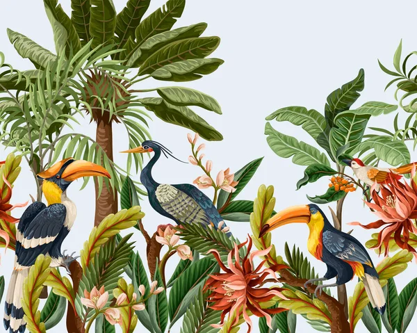 Grenze mit Vögeln und tropischen Blättern und Blumen für den Innenraum. Vektor. — Stockvektor