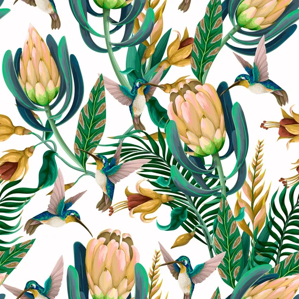 Patrón sin costuras con colibríes, protea y flores tropicales. Moda impresión vectorial. — Archivo Imágenes Vectoriales