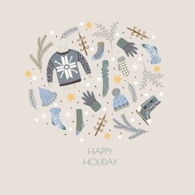 Noel öğeleri ve kışlık kıyafetlerle dolu bir tebrik kartı ya da poster.