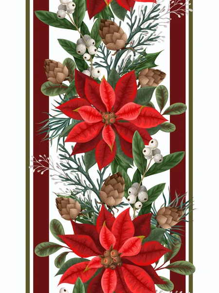 Grens met poinsettia, dennen en hulst bessen. Kerst achtergrond. — Stockvector