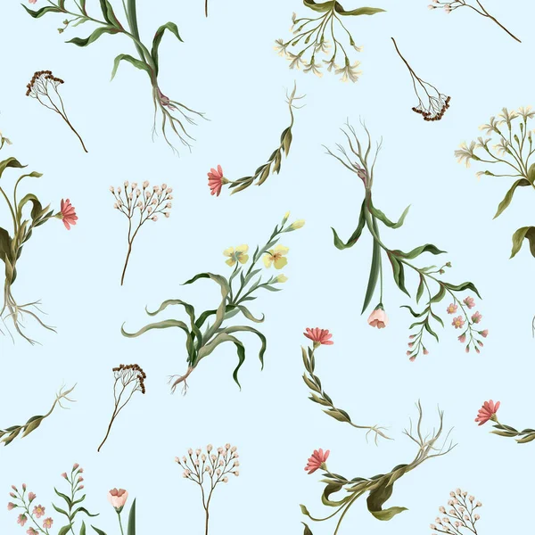 가시없는 무늬와 야생의 얇은 꽃들. 유행하는 식물학 인쇄물. — 스톡 벡터