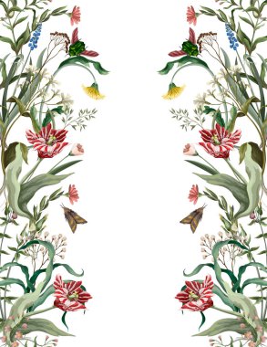 Seamless pattern with wild thin flowers and insects. Trendy botanical print.