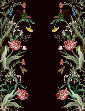 Seamless pattern with wild thin flowers and insects. Trendy botanical print.