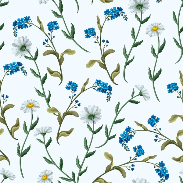 Seamless pattern with chamomiles. Trendy print with wild flowers. — Stock vektor