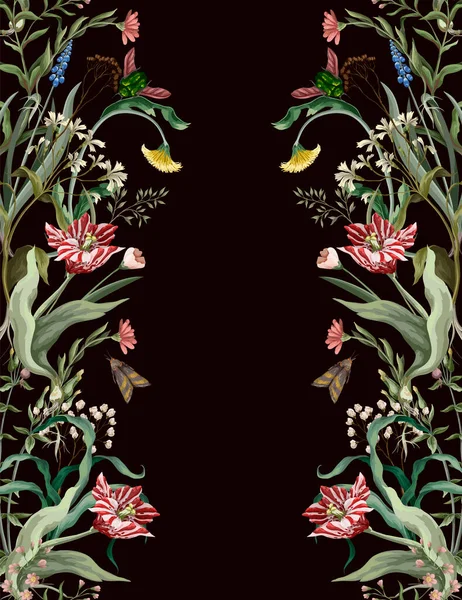 Seamless pattern with wild thin flowers and insects. Trendy botanical print. — Διανυσματικό Αρχείο