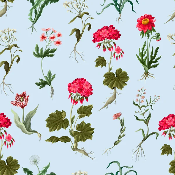 Seamless pattern with geraniums and wild flowers. Trendy floral vector print. — Stock vektor