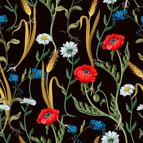 Seamless pattern with botanical flowers such as poppies, chamomile, ear of wheat and other. — Stock vektor