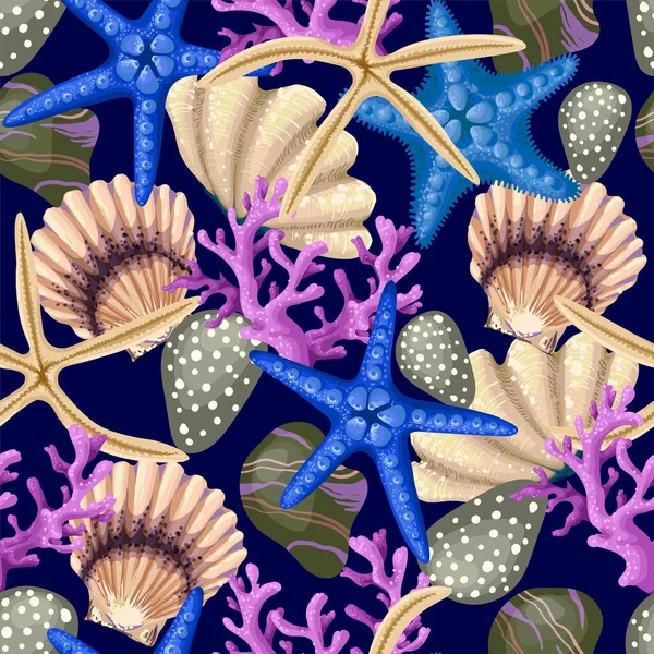 Naadloos patroon met zeesterren, schelpen en koraal. Vector trendy print. — Stockvector