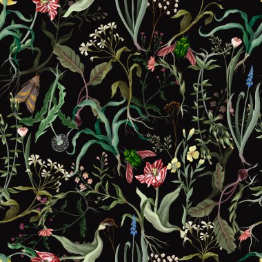 Seamless pattern with wild thin flowers and insects. Trendy botanical print.