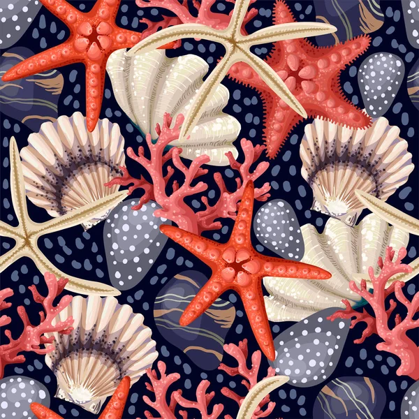 Naadloos patroon met rode zeesterren, schelpen en koraal. Vector trendy print. — Stockvector