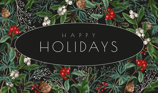 Vánoční přání nebo plakát s botanickými bobulemi, borovicemi a listy. — Stockový vektor