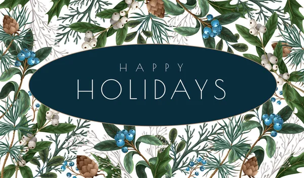 Vánoční přání nebo plakát s botanickými bobulemi, borovicemi a listy. — Stockový vektor