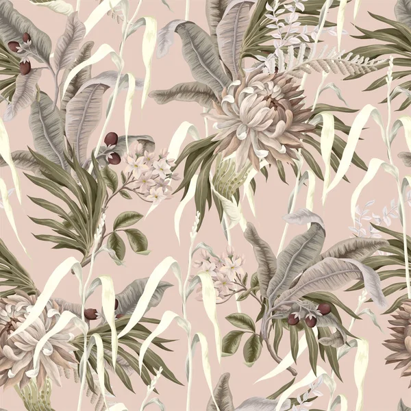 Seamless pattern with light tropical leaves and flowers. Trendy textile print. — Stock vektor