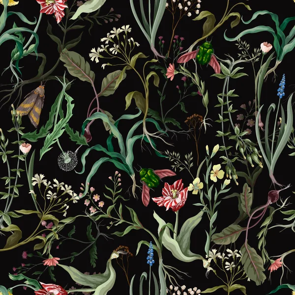 Seamless pattern with wild thin flowers and insects. Trendy botanical print.
