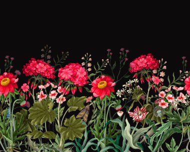 Border with geraniums and wild flowers. Trendy floral vector print.