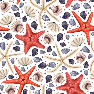 Seamless pattern with red starfishes, shells and coral. Vector trend print.