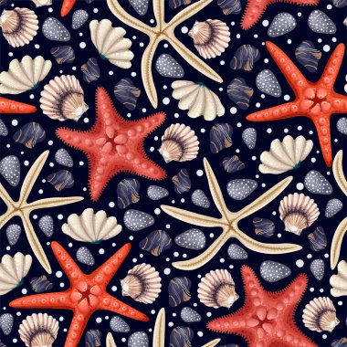 Seamless pattern with red starfishes, shells and coral. Vector trend print.
