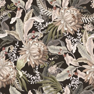 Seamless pattern with light tropical leaves and flowers. Trendy textile print.