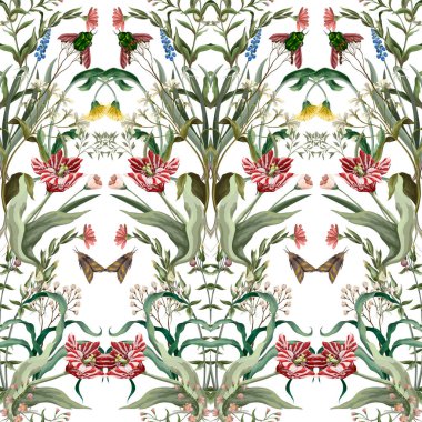 Seamless pattern with wild thin flowers and insects. Trendy botanical print.