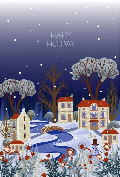 Greeting card or poster with Christmas town. Snowy city with river and trees. — Stock Vector