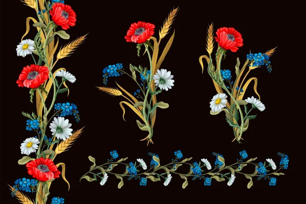 Blumensträuße mit botanischen Blumen wie Mohn, Kamille, Ähre und Rand. — Stockvektor