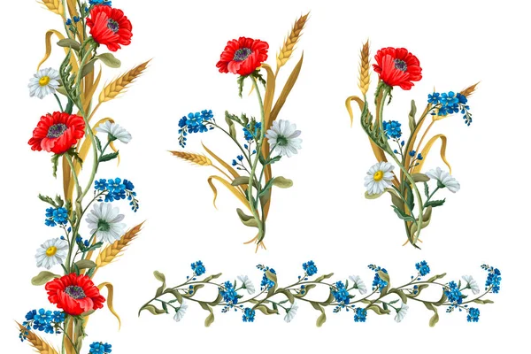 Bouquets with botanical flowers such as poppies, chamomile, ear of wheat and border. — Διανυσματικό Αρχείο