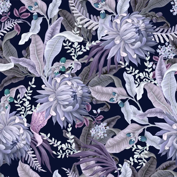 Seamless pattern with light tropical leaves and flowers. Trendy textile print. — Stock Vector