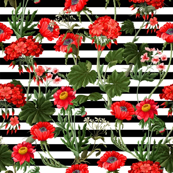 붉은 식물학적 꽃이 피는 바 다 없는 무늬. Trendy vector print. — 스톡 벡터