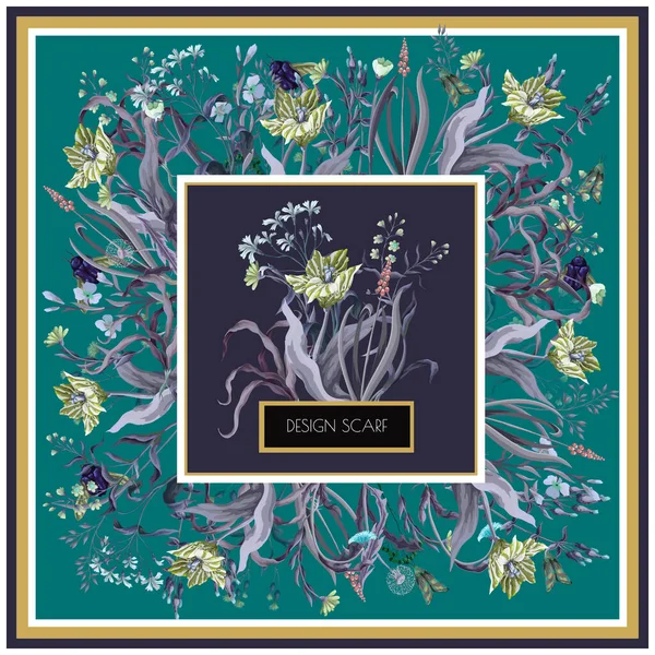 Design scarf with wild flowers and insects. Trendy vector print. —  Vetores de Stock